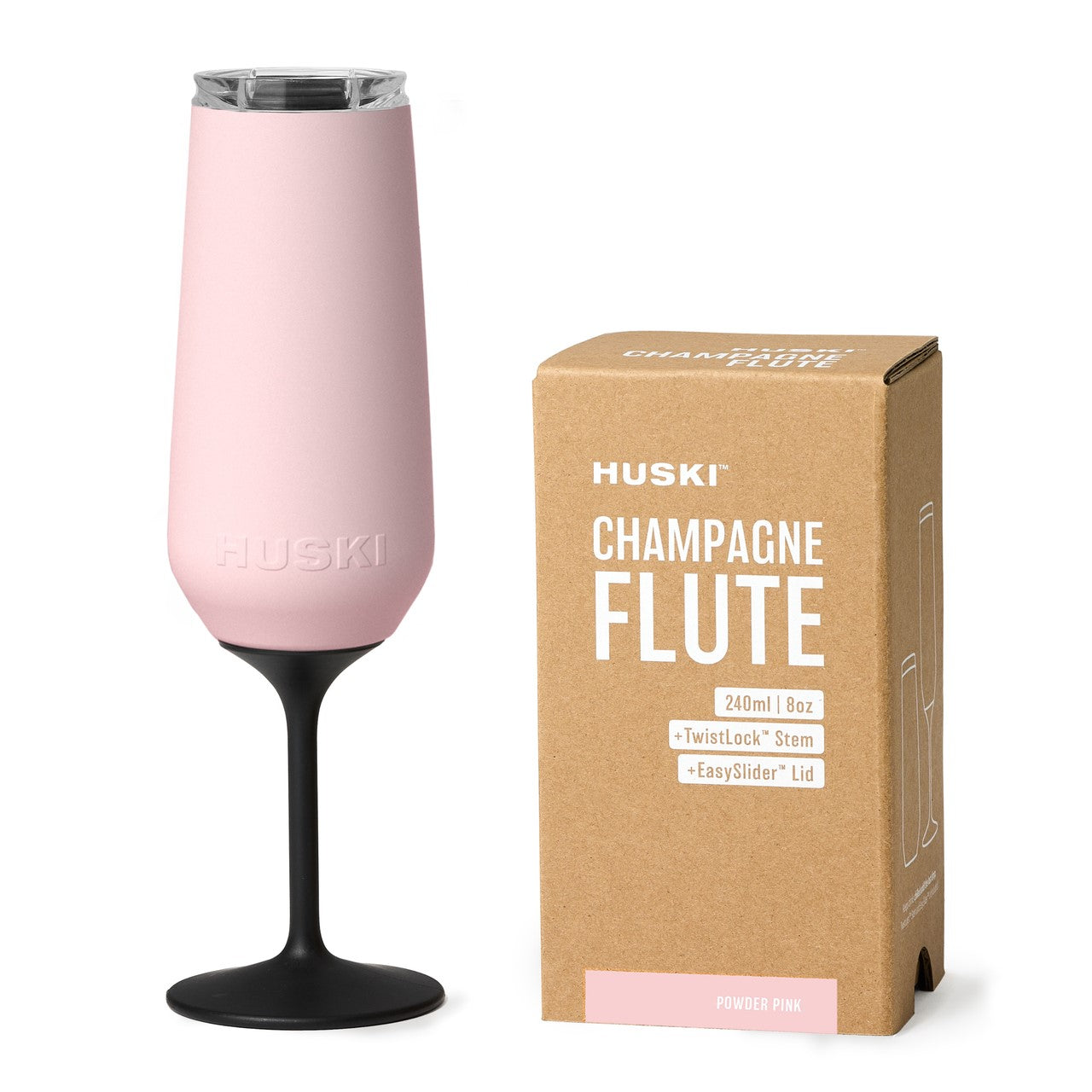A pink Huski champagne flute with a black base,