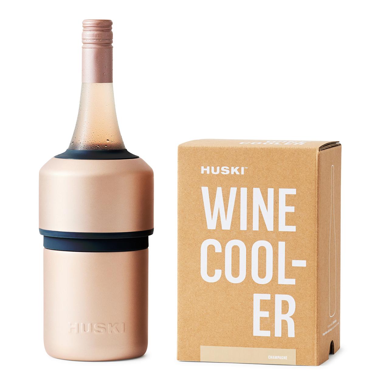A Huski Wine Cooler designed to keep drinks chilled, shown alongside its packaging box.