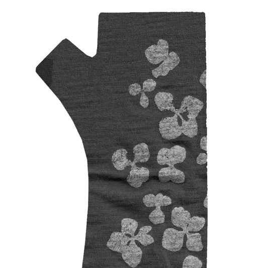 Charcoal merino fingerless gloves with a Hydrangea print in dark silver ink, displayed against a plain background.