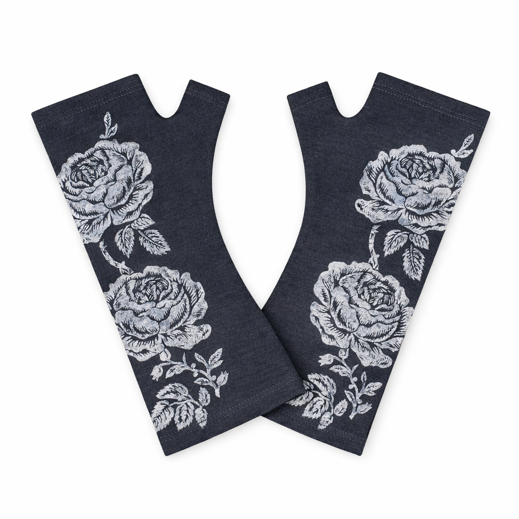 Pair of dark blue fingerless gloves with white floral patterns