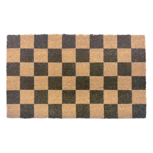 A rectangular coir doormat with a classic checkerboard pattern in natural tan and dark brown,