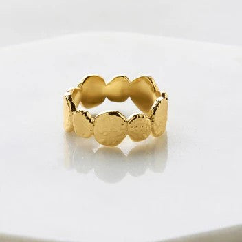 A gold-colored, gold-plated metal ring with a brass base, 