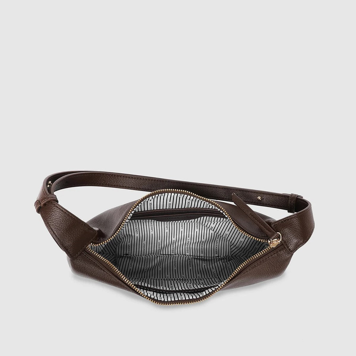 Brown vegan leather open hand bag with gold zipper on a light gray background