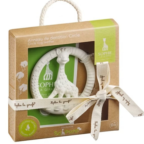 Baby teething ring with packaging featuring a giraffe design, branded 'SOPHIE la GIRAFE'.