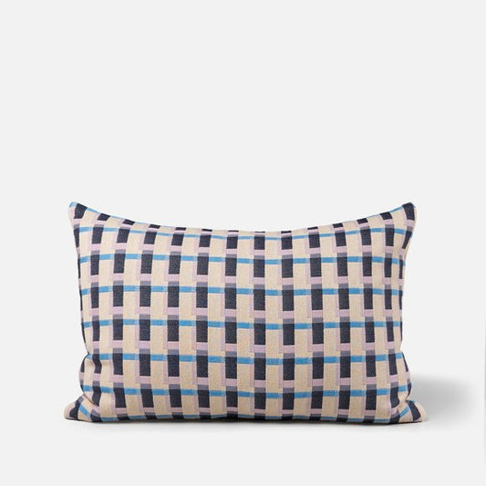 A square-shaped throw pillow with a geometric pattern in cornflower and multi colors, made of cotton, 