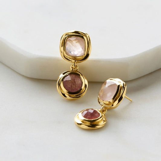 A pair of gold-colored earrings with one earring featuring a large pink stone and the other with a smaller, possibly clear stone, both set in gold frames.