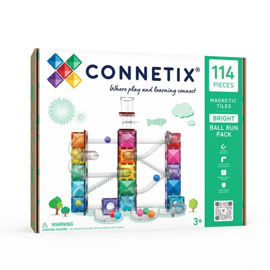 Connetix Bright Ball Run Pack box, containing 114 pieces of magnetic tiles. The packaging features a colorful illustration of a ball run structure and a green side panel detailing the piece count and features.
