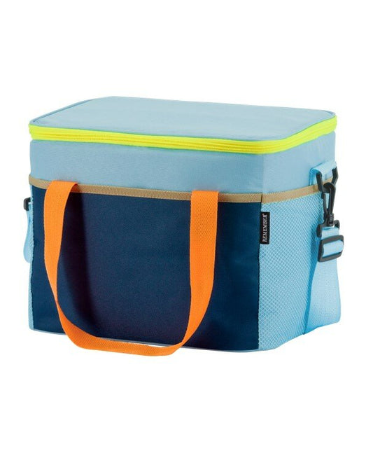 A cool box lunch bag by Dayville, featuring a light blue top and side panels, a dark navy blue front pocket, and bright orange handles. The bag has a lime green zipper trim and a beige webbing band.