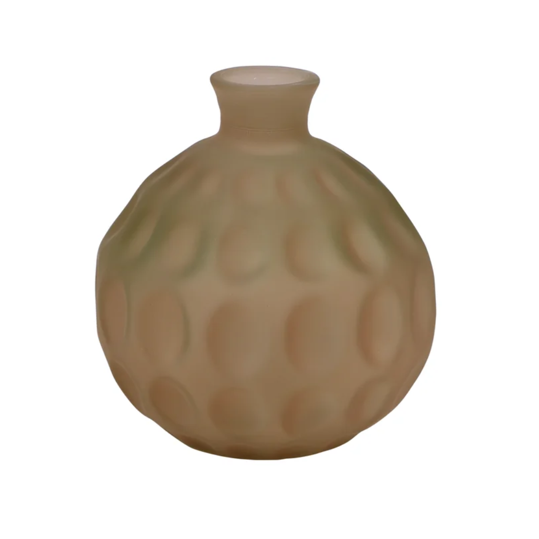 A frosted glass bottle with a rounded body and a narrow neck, featuring a sesame seed pattern.