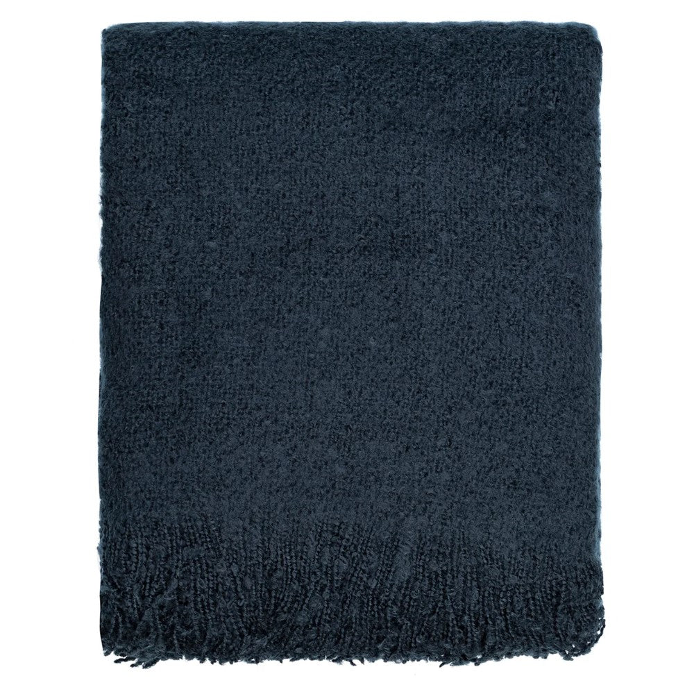 Navy colored throw blanket with fringe edges 