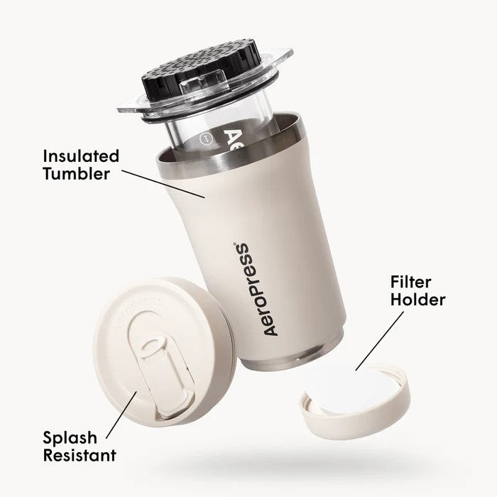 Aeropress coffee maker with labeled parts on a white background
