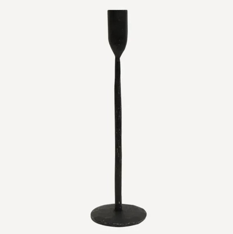 A matte black, hand forged cast iron candlestick.