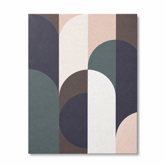 Abstract geometric wall art print featuring overlapping arches and semicircles in muted navy, sage green, cream, blush pink, and taupe