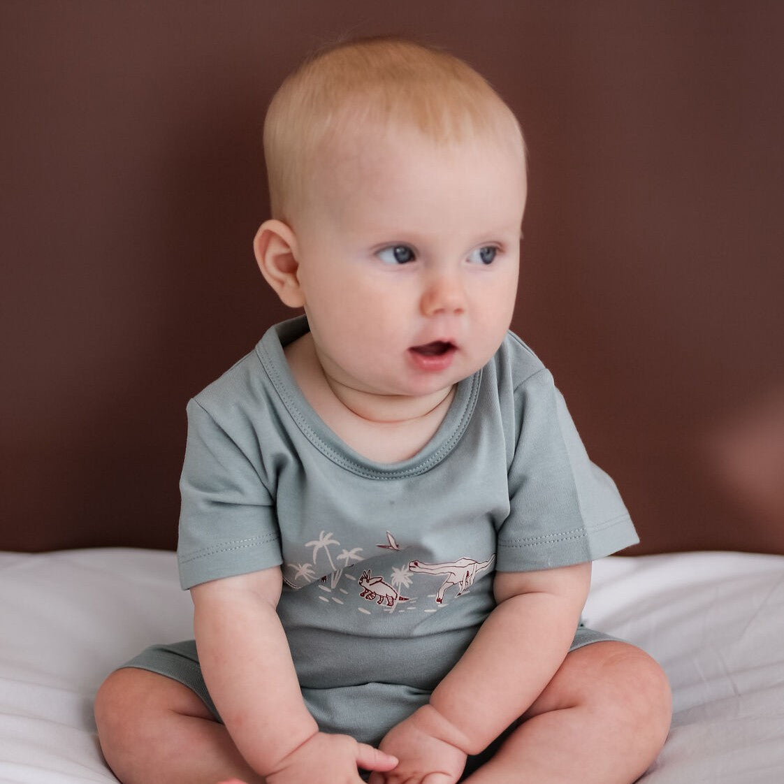  light blue onesie with dinosaur prints