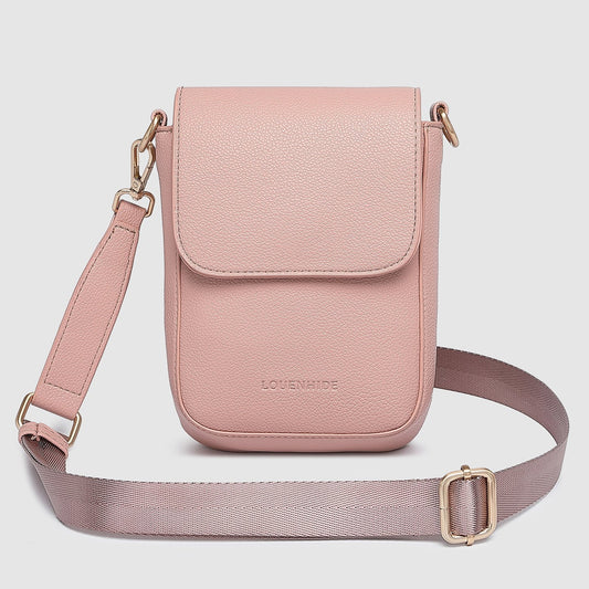 A pink Louenhide Cuba Phone Crossbody Bag with an adjustable sateen webbing strap and a brushed gold hardware closure.