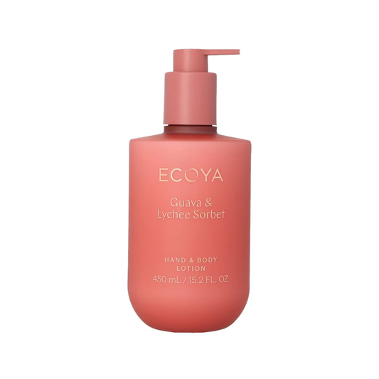 Pink lotion bottle with pump labeled 'Ecoya Guava & Lychee Sorbet' on a white background