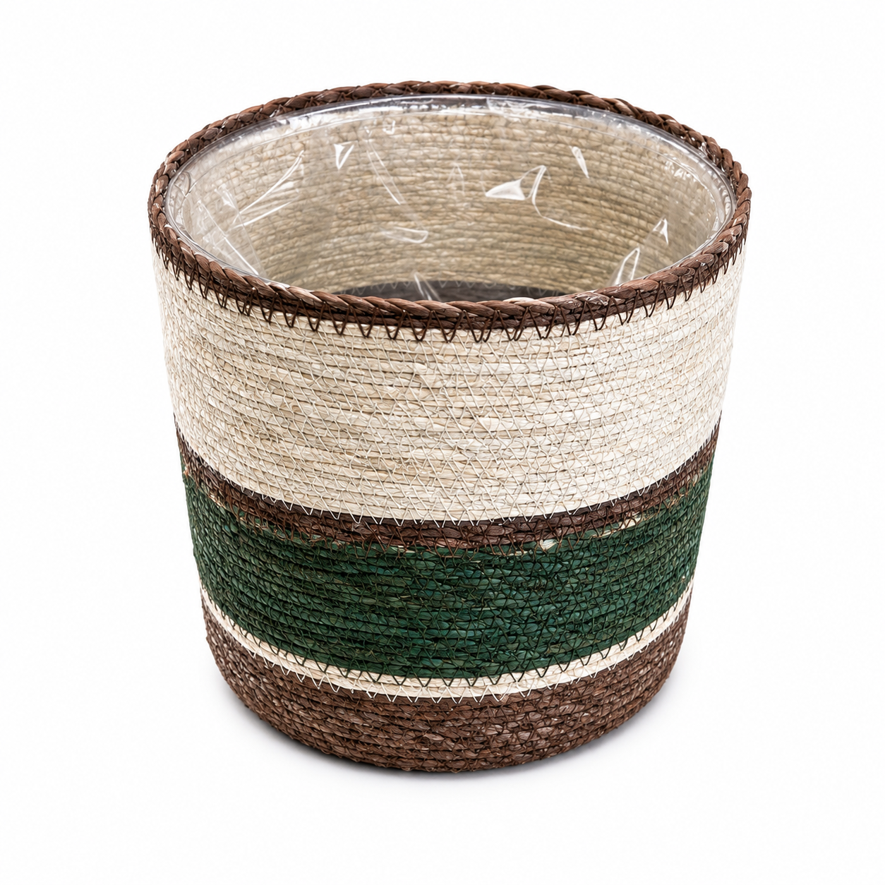 A woven cylindrical basket with a natural beige body, a wide dark green band, and brown braided trim, shown on a plain white background.