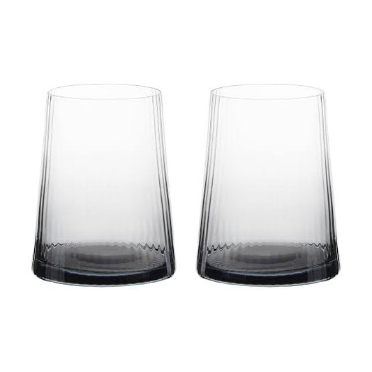 A pair of smoked drinking glasses with a fine, vertical optic which runs up and down the glass 