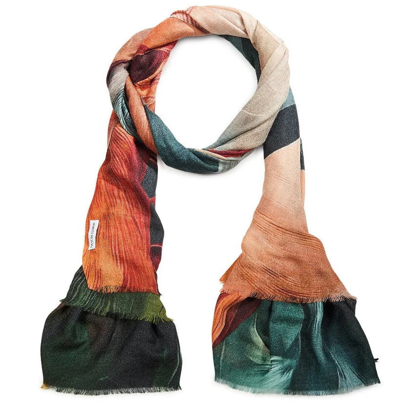 Multicolored merino scarf with a pattern on a white background