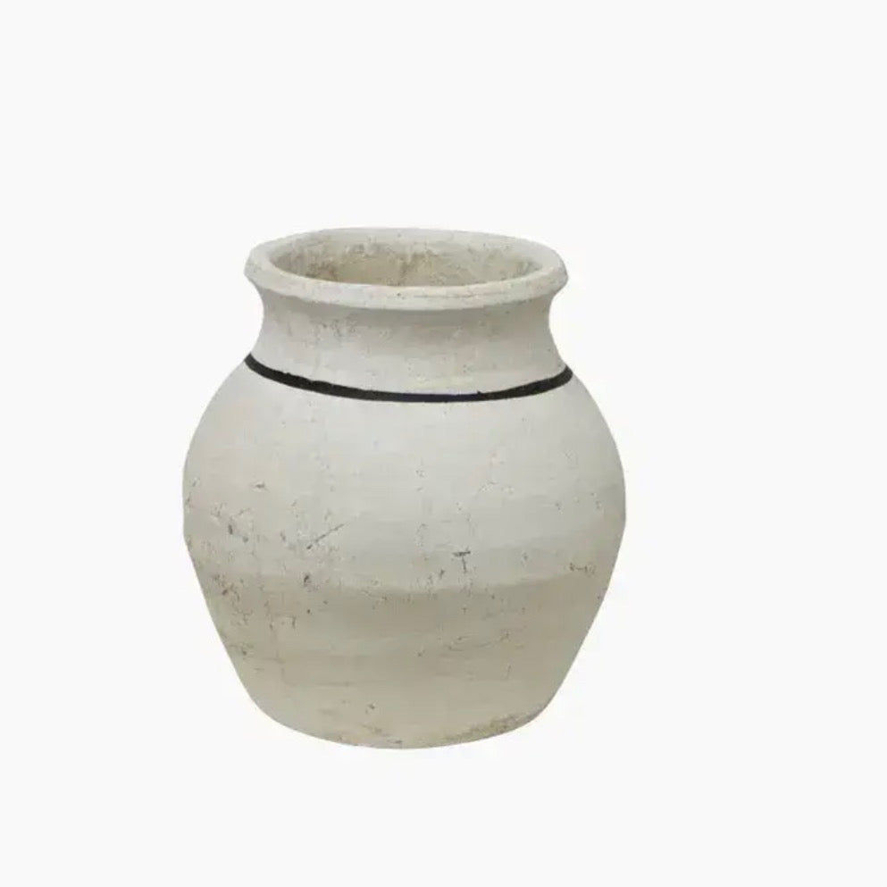 White ceramic pot with black band 
