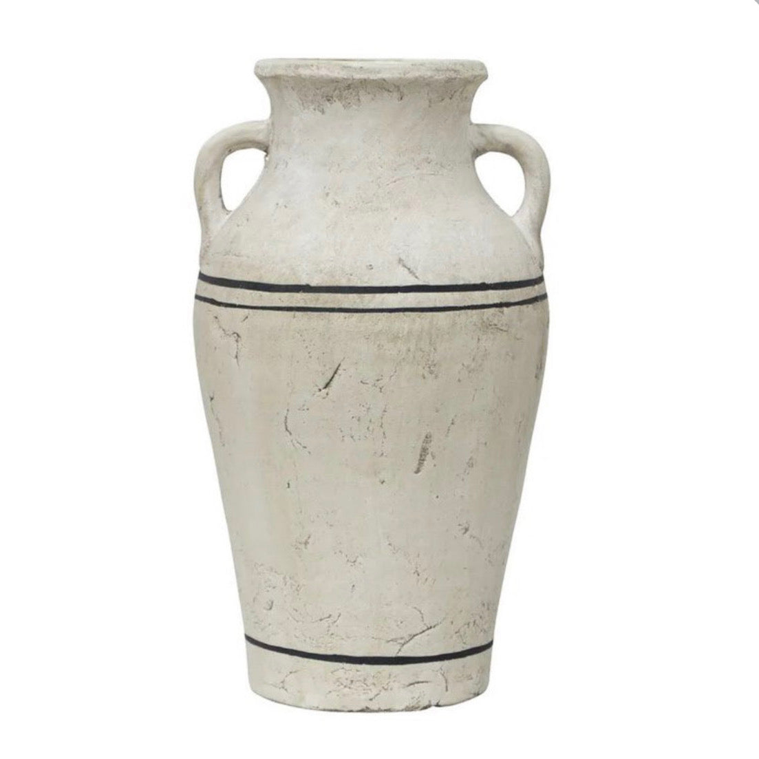 White ceramic vase with black band and handles