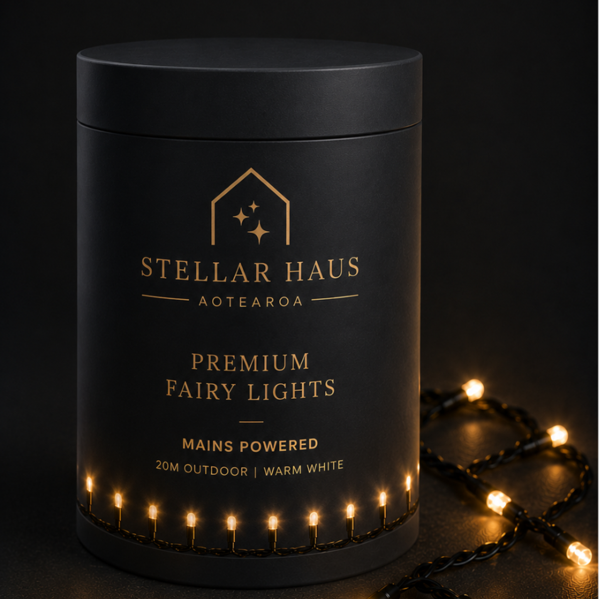 A matte black cylindrical container for Stellar Haus Aotearoa Premium Fairy Lights, featuring gold lettering and a row of glowing warm white fairy lights around the base, set against a dark background with more fairy lights draped on the right.