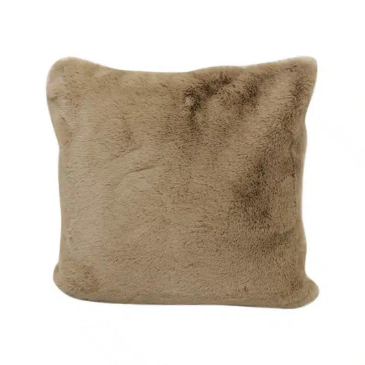 A square-shaped faux fur cushion in a beige color, with a plush texture