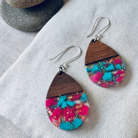 Wooden earrings with colorful resin pieces 
