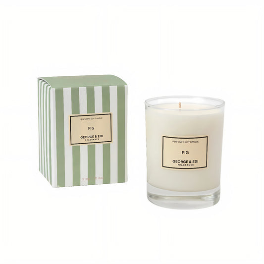 Candle with a striped box labeled 'Fig' 