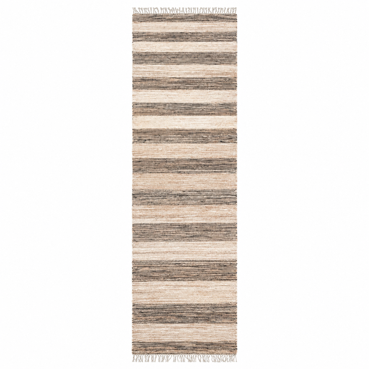 A long rectangular runner rug with horizontal textured stripes in beige, cream, taupe, and brown, finished with short fringe on both ends, shown against a plain white background.