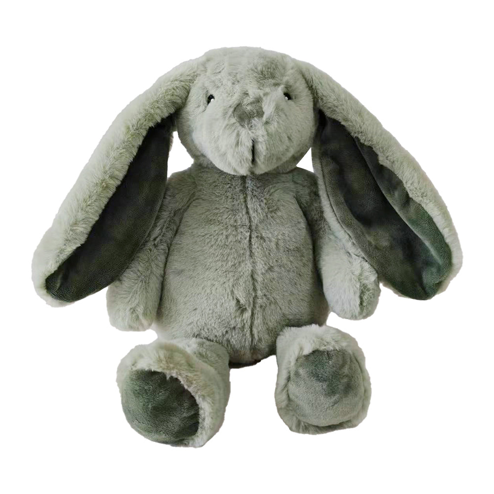 A plush toy resembling a bear with green and gray colors, featuring long ears and a round face
