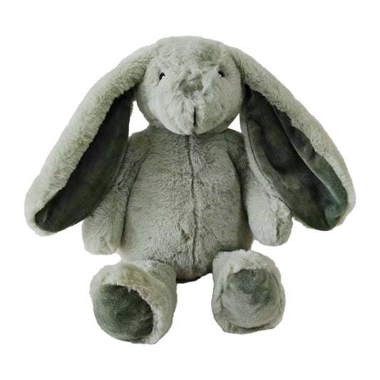 A plush toy resembling a bear with green and gray colors, featuring long ears and a round face