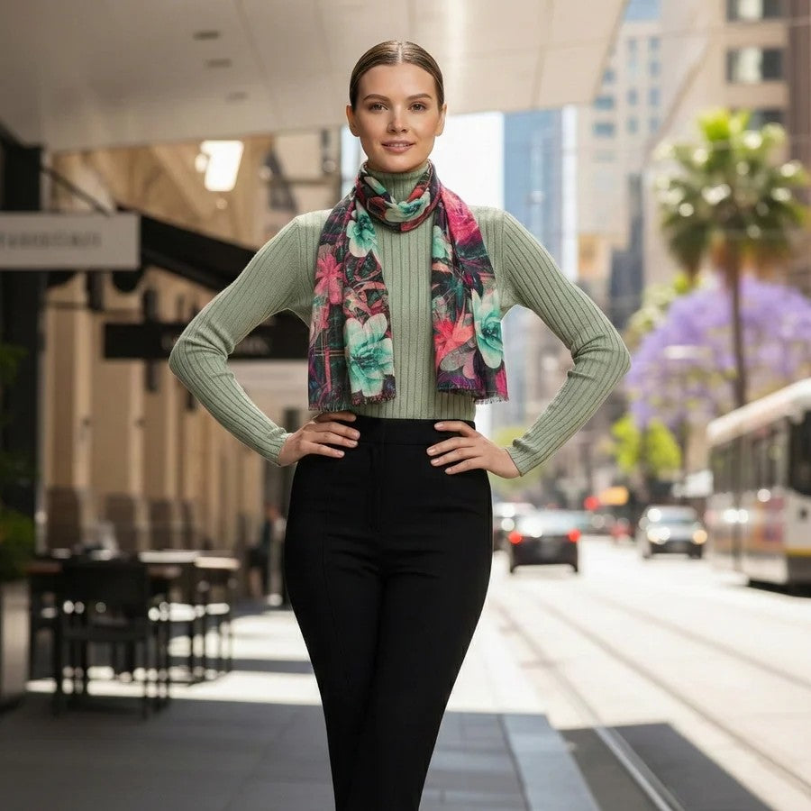 Woman wearing a colorful Merino Wool scarf in an urban setting