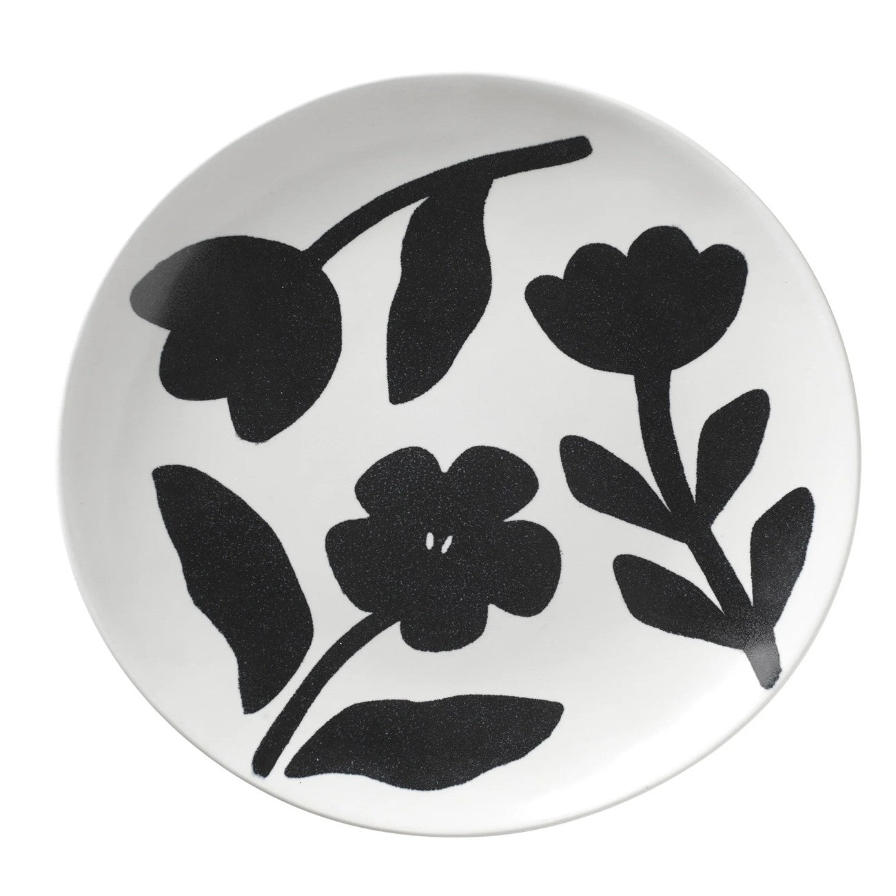 Round white plate with black floral patterns