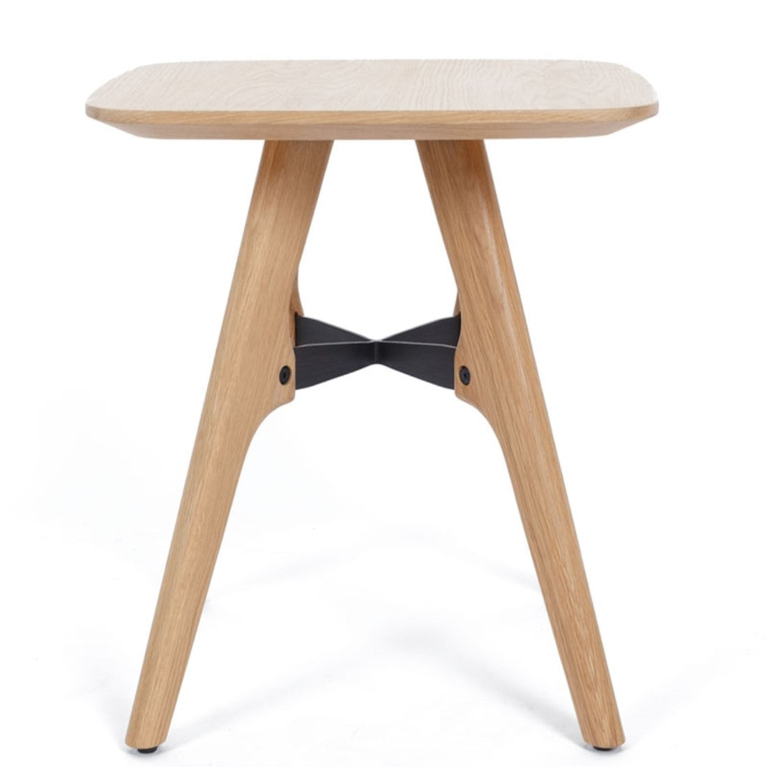 A square oak wood tabletop with a metal cross brace and legs, finished with a matte protective coating.