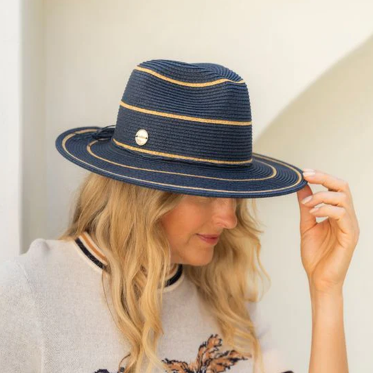 navy blue and gold striped hat 