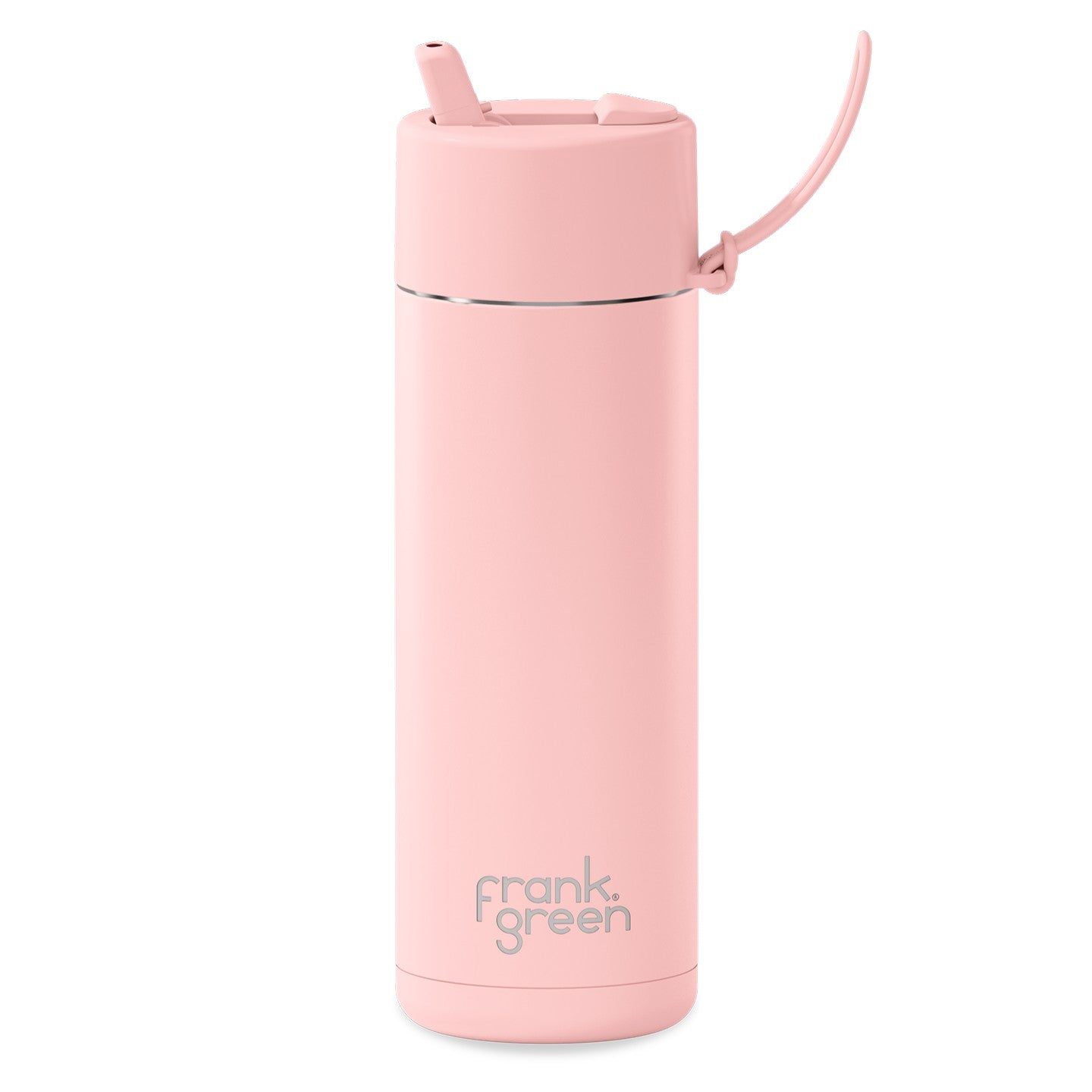 Pink reusable water bottle with straw lid on a white background, featuring the brand 'frank green'.