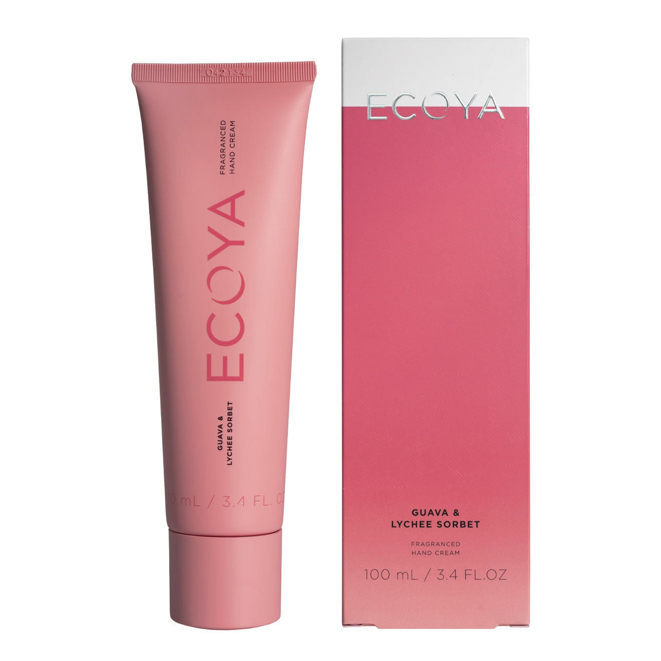 A pink Ecoya Guava & Lychee hand cream