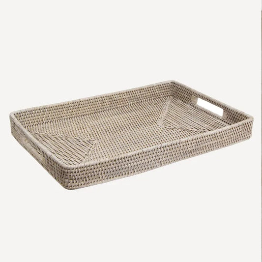 Geneva Rectangle White Rattan Tray