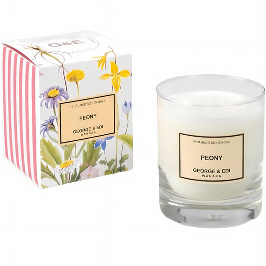 Glass candle with 'Peony' label and matching box