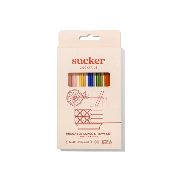 Packaging of 'sucker' reusable glass straw set for cocktails on a white background