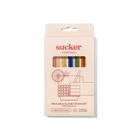 Packaging of 'sucker' reusable glass straw set for cocktails on a white background