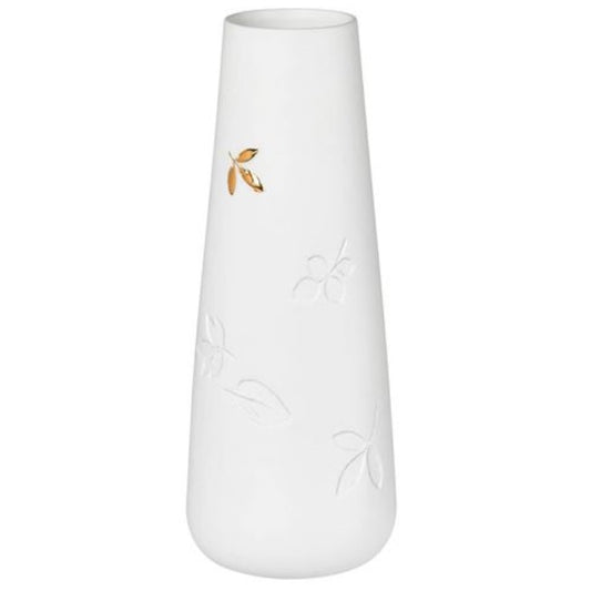 A white porcelain vase with gold details and leaf patterns.