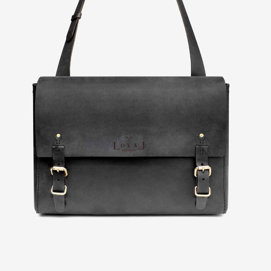 Black leather satchel bag with gold buckles loyal