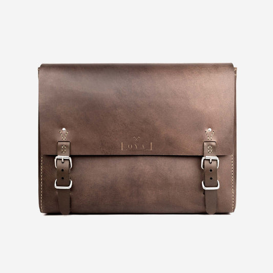 Brown leather satchel bag with silver buckles loyal