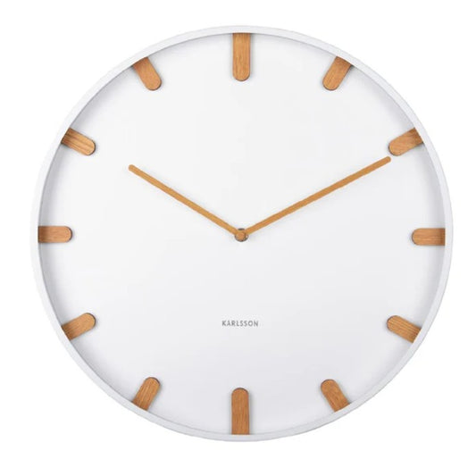 White wall clock with wooden hour markers