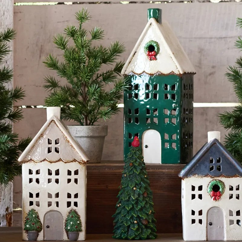 Christmas Tea Light House Green with Wreath Large