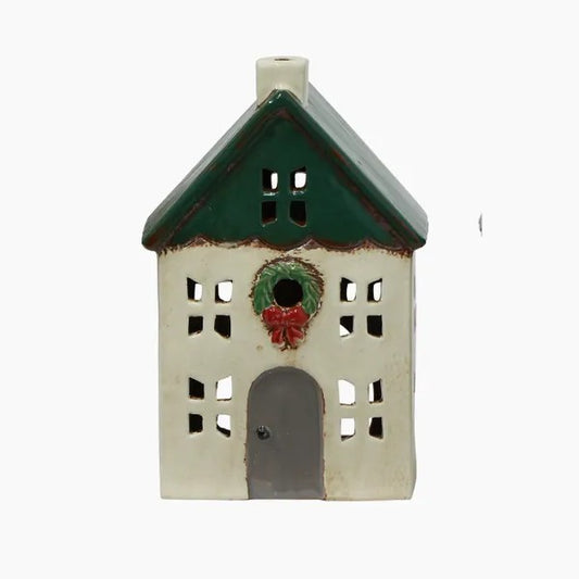 Christmas Tea Light House Green w Wreath Small