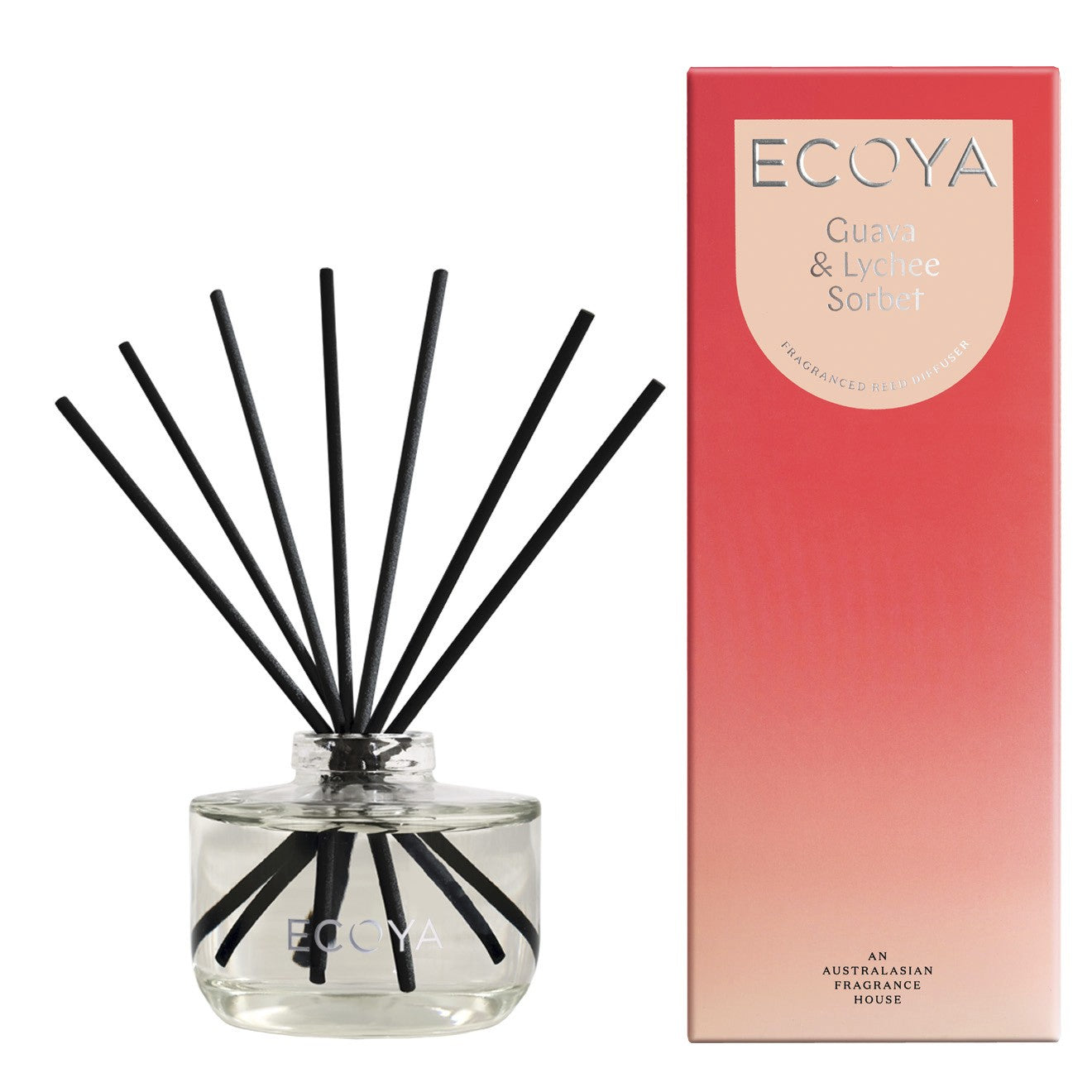 Ecoya Guava and Lychee diffuser with black reeds and a pink packaging box on a white background