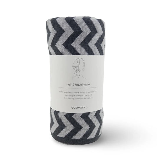 Hair and travel towel with zigzag pattern and ecovask branding